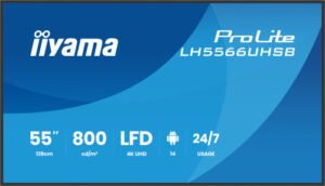 MONITOR IIYAMA 55" , UHD IPS PANEL, HAZE 1%, 800CD/M, HORIZ Y VERT, SIGNAL FAILOVER, MM 2X 10W,  HDMI 2X, DP, USB 2.0 X2, WIFI, LAN, WALL MOUNT INCL, CONTROL LAN / RS232C, IISIGNAGE2  E-SHARE, ANDROID 11 OS,  24/7,(400X400)(LH5566UHSB-B1AG)