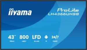 MONITOR IIYAMA 43" , UHD IPS PANEL, HAZE 1%, 800CD/M, HORIZ Y VERT, SIGNAL FAILOVER, MM 2X 10W,  HDMI 2X, DP, USB 2.0 X2, WIFI, LAN, WALL MOUNT INCL, CONTROL LAN / RS232C, IISIGNAGE2  E-SHARE, ANDROID 11 OS,  24/7,(300X300)(LH4366UHSB-B1AG)